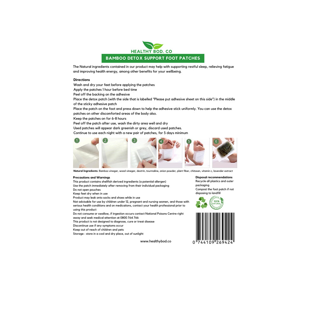 Healthy Bod Foot Patches Detox Bamboo X 10 Patches -5 Pairs-
